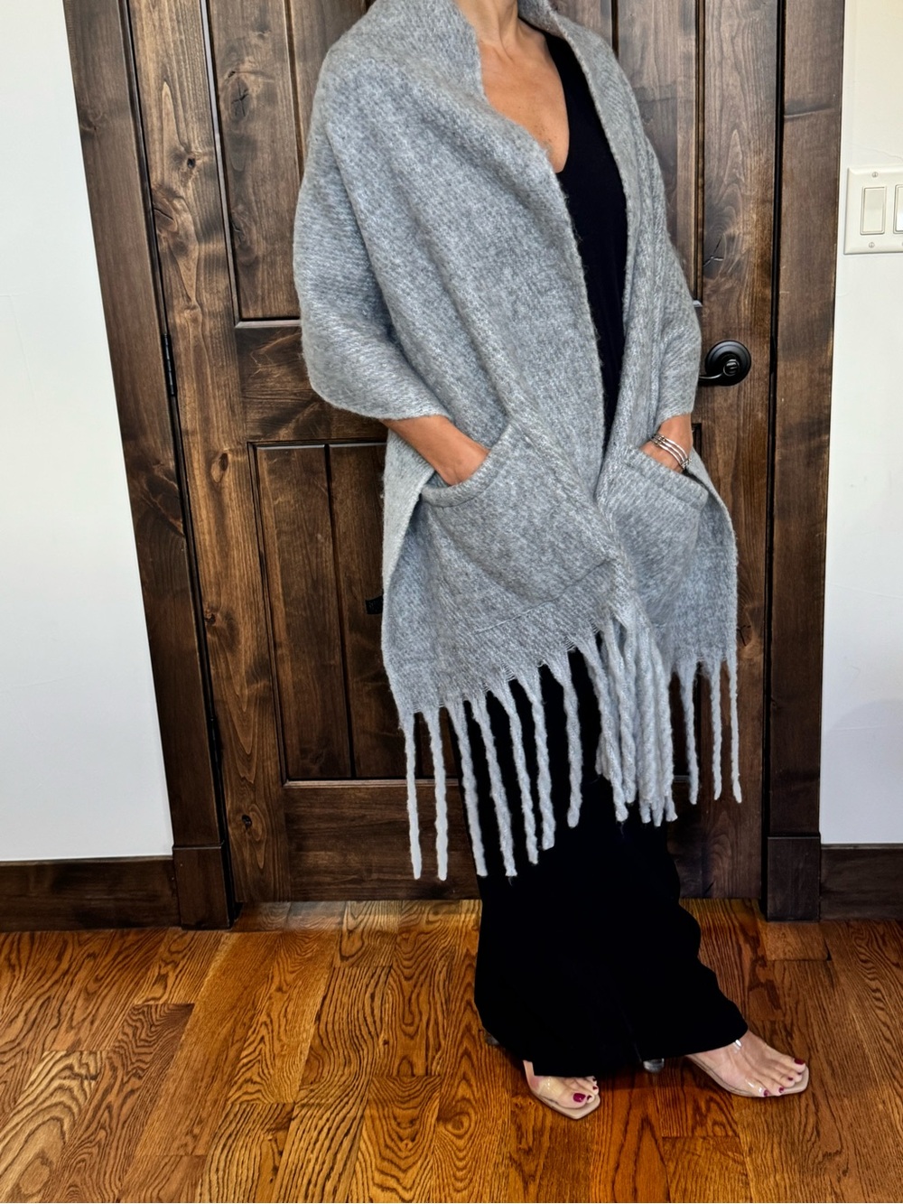 Steve Madden Light Gray Fringe Knit Poncho Wrap with Pockets